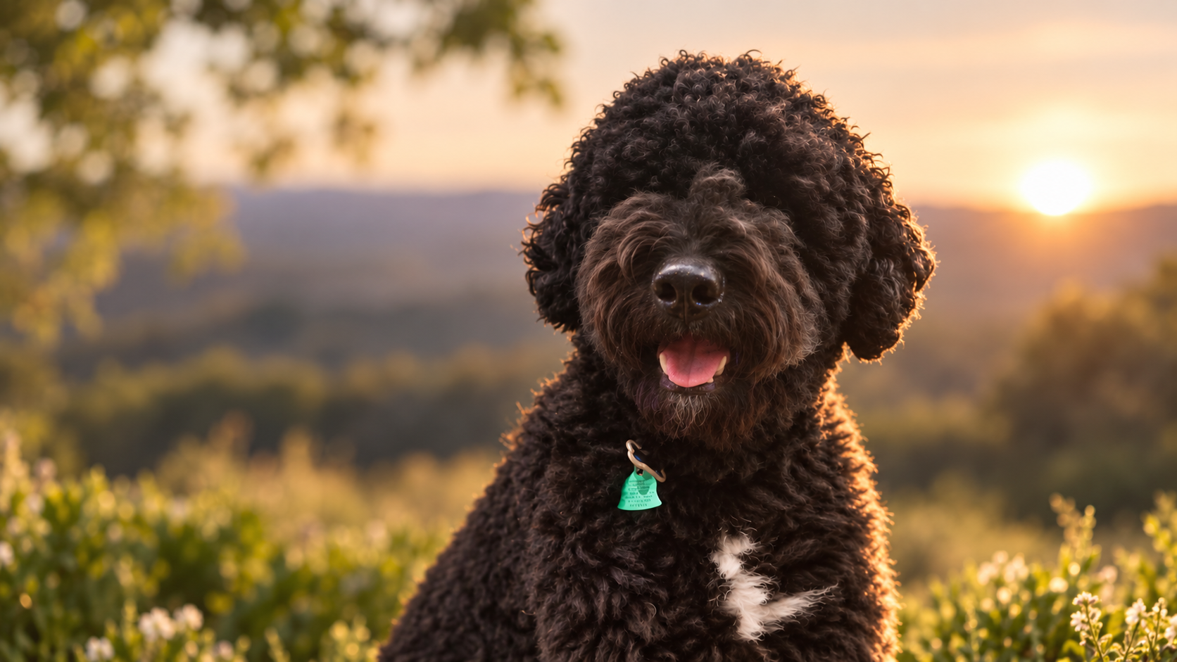 A curly-haired dog outdoors at sunset