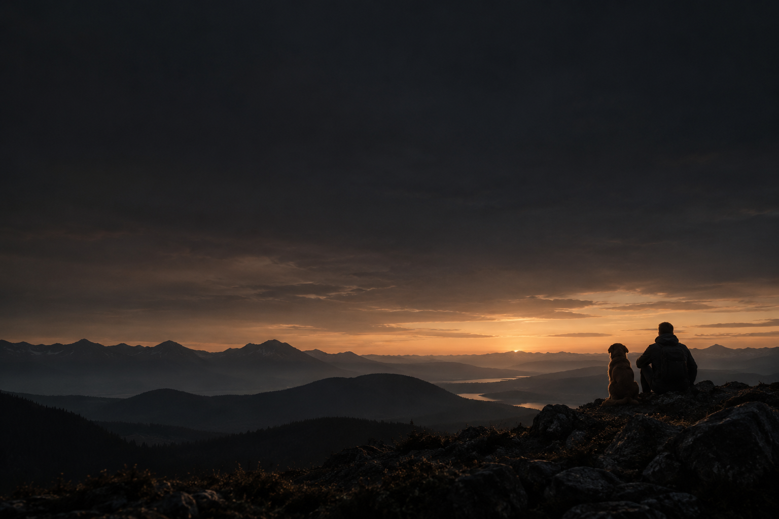 A person and dog overlooking the mountains at dusk